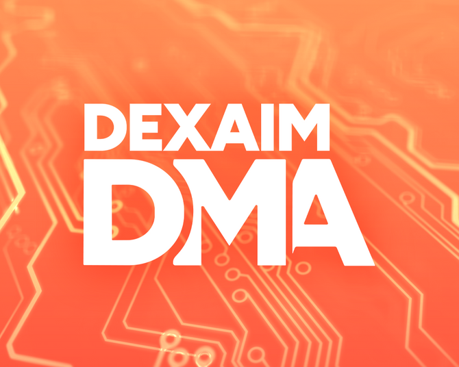 White text 'DEXAIM DMA' on an orange background with circuit board design